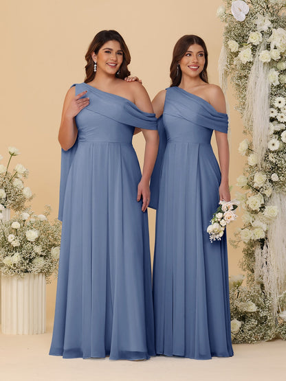 A-Line/Princess One-Shoulder Floor-Length Plus Size Bridesmaid Dresses With Watteau Train