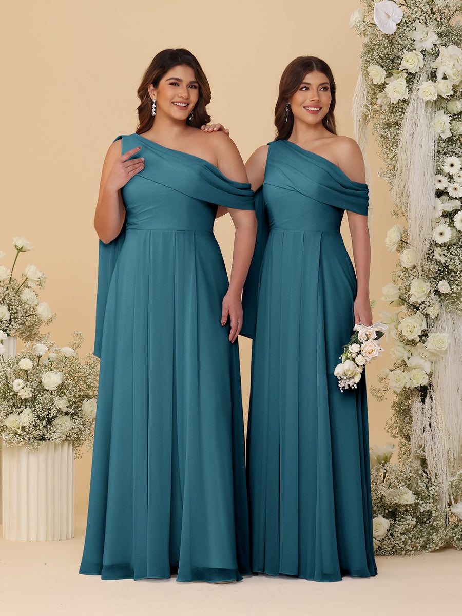 A-Line/Princess One-Shoulder Floor-Length Plus Size Bridesmaid Dresses With Watteau Train