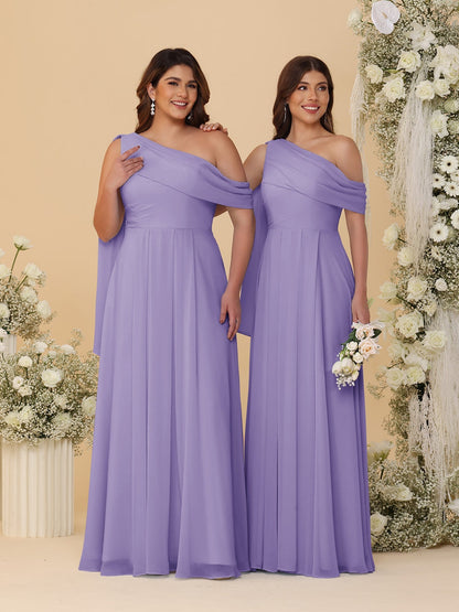 A-Line/Princess One-Shoulder Floor-Length Plus Size Bridesmaid Dresses With Watteau Train