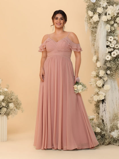 A-Line/Princess V-Neck Spaghetti Straps Chiffon Ruched Plus Size Bridesmaid Dresses