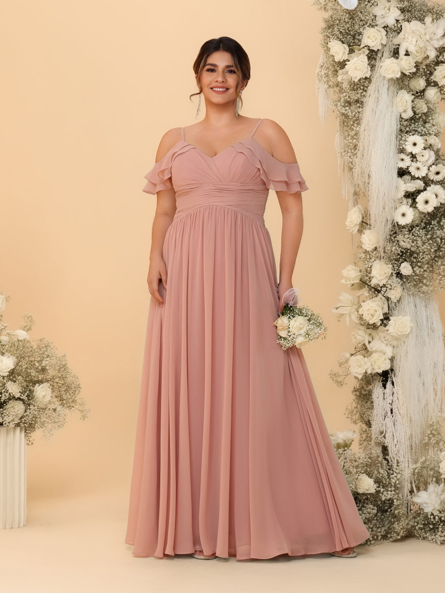 A-Line/Princess V-Neck Spaghetti Straps Chiffon Ruched Plus Size Bridesmaid Dresses