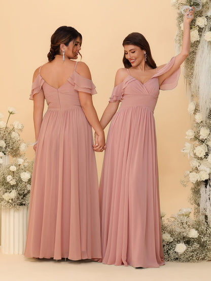 A-Line/Princess V-Neck Spaghetti Straps Chiffon Ruched Plus Size Bridesmaid Dresses