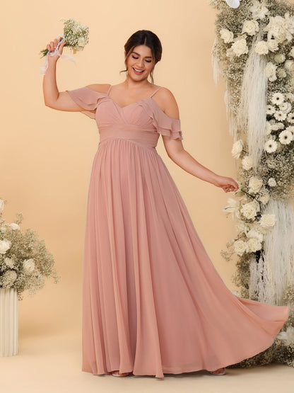A-Line/Princess V-Neck Spaghetti Straps Chiffon Ruched Plus Size Bridesmaid Dresses