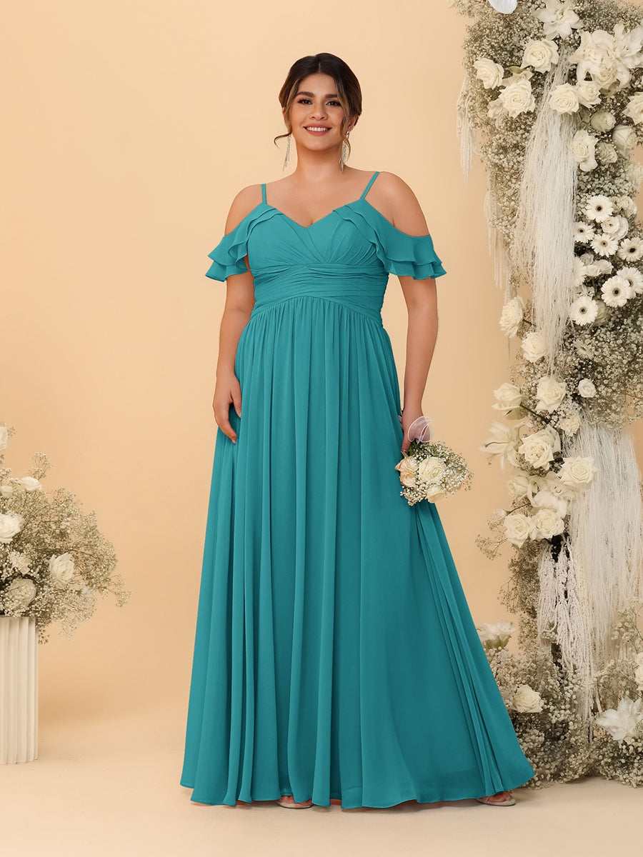 A-Line/Princess V-Neck Spaghetti Straps Chiffon Ruched Plus Size Bridesmaid Dresses