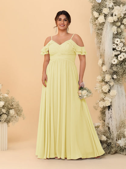 A-Line/Princess V-Neck Spaghetti Straps Chiffon Ruched Plus Size Bridesmaid Dresses