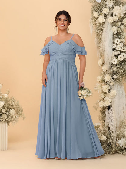 A-Line/Princess V-Neck Spaghetti Straps Chiffon Ruched Plus Size Bridesmaid Dresses