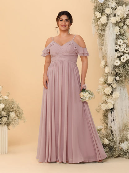 A-Line/Princess V-Neck Spaghetti Straps Chiffon Ruched Plus Size Bridesmaid Dresses