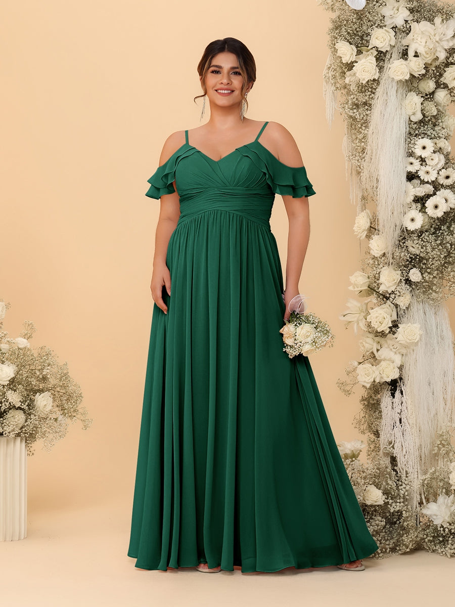 A-Line/Princess V-Neck Spaghetti Straps Chiffon Ruched Plus Size Bridesmaid Dresses