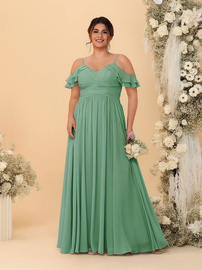 A-Line/Princess V-Neck Spaghetti Straps Chiffon Ruched Plus Size Bridesmaid Dresses