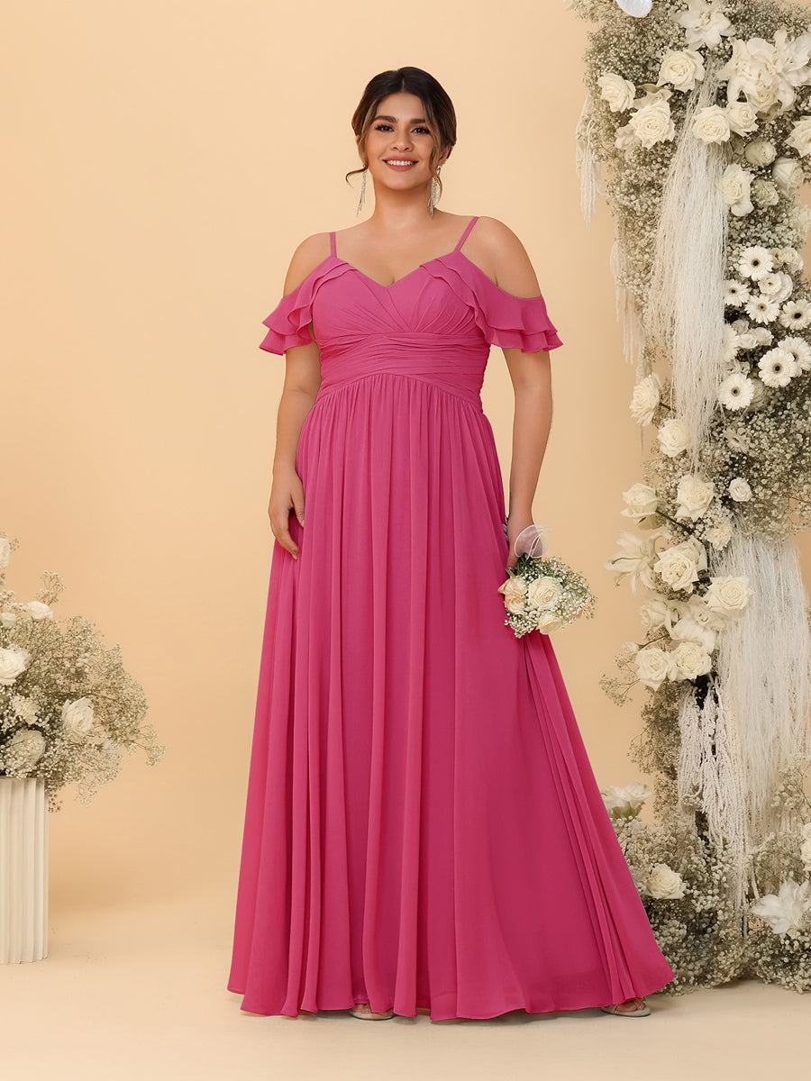 A-Line/Princess V-Neck Spaghetti Straps Chiffon Ruched Plus Size Bridesmaid Dresses