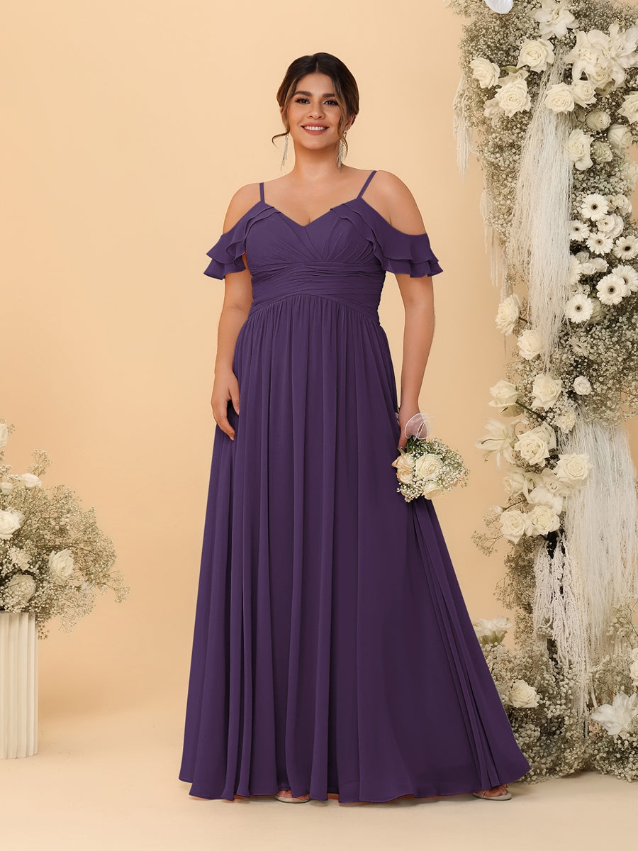 A-Line/Princess V-Neck Spaghetti Straps Chiffon Ruched Plus Size Bridesmaid Dresses