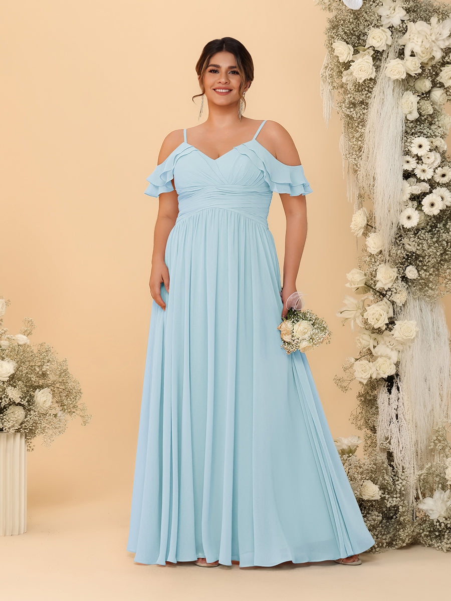 A-Line/Princess V-Neck Spaghetti Straps Chiffon Ruched Plus Size Bridesmaid Dresses