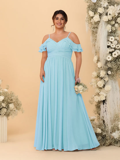 A-Line/Princess V-Neck Spaghetti Straps Chiffon Ruched Plus Size Bridesmaid Dresses