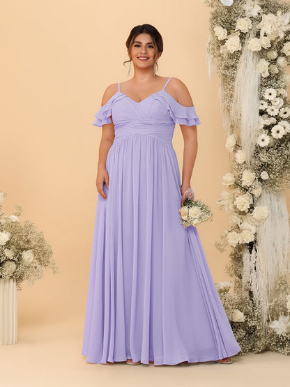 A-Line/Princess V-Neck Spaghetti Straps Chiffon Ruched Plus Size Bridesmaid Dresses