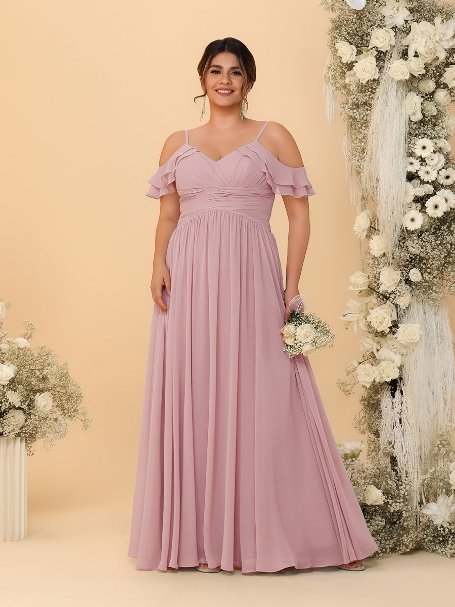 A-Line/Princess V-Neck Spaghetti Straps Chiffon Ruched Plus Size Bridesmaid Dresses