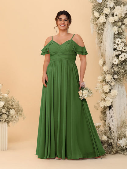 A-Line/Princess V-Neck Spaghetti Straps Chiffon Ruched Plus Size Bridesmaid Dresses