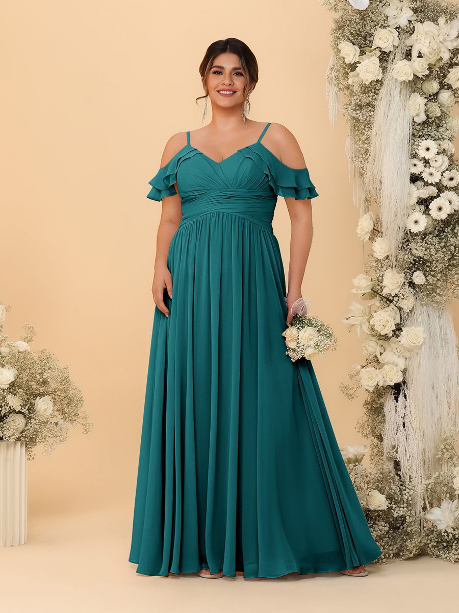 A-Line/Princess V-Neck Spaghetti Straps Chiffon Ruched Plus Size Bridesmaid Dresses