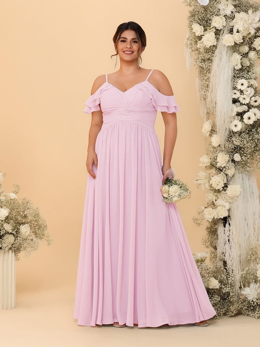 A-Line/Princess V-Neck Spaghetti Straps Chiffon Ruched Plus Size Bridesmaid Dresses