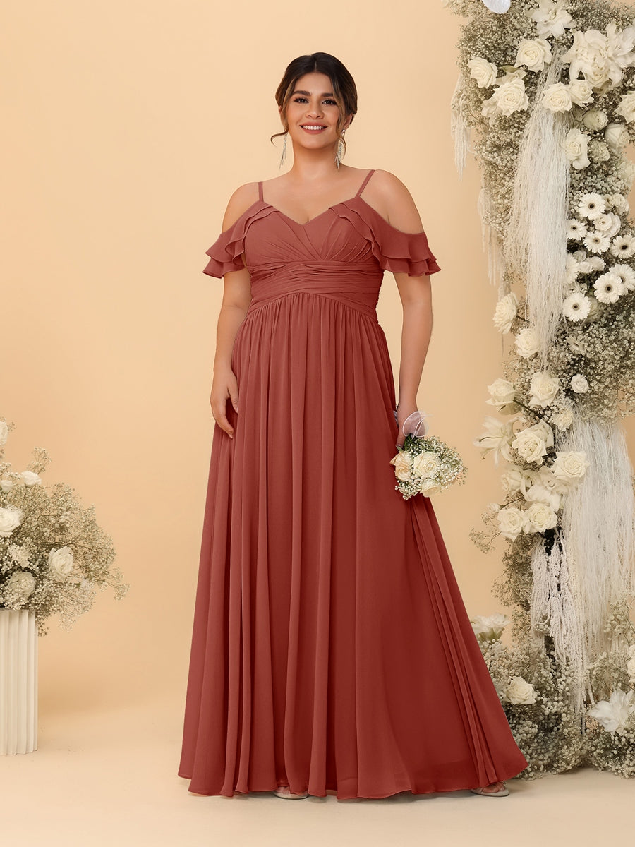 A-Line/Princess V-Neck Spaghetti Straps Chiffon Ruched Plus Size Bridesmaid Dresses