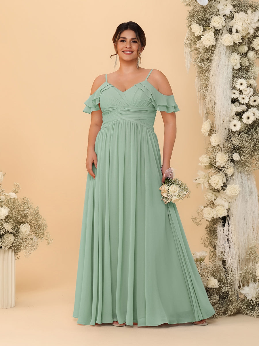 A-Line/Princess V-Neck Spaghetti Straps Chiffon Ruched Plus Size Bridesmaid Dresses