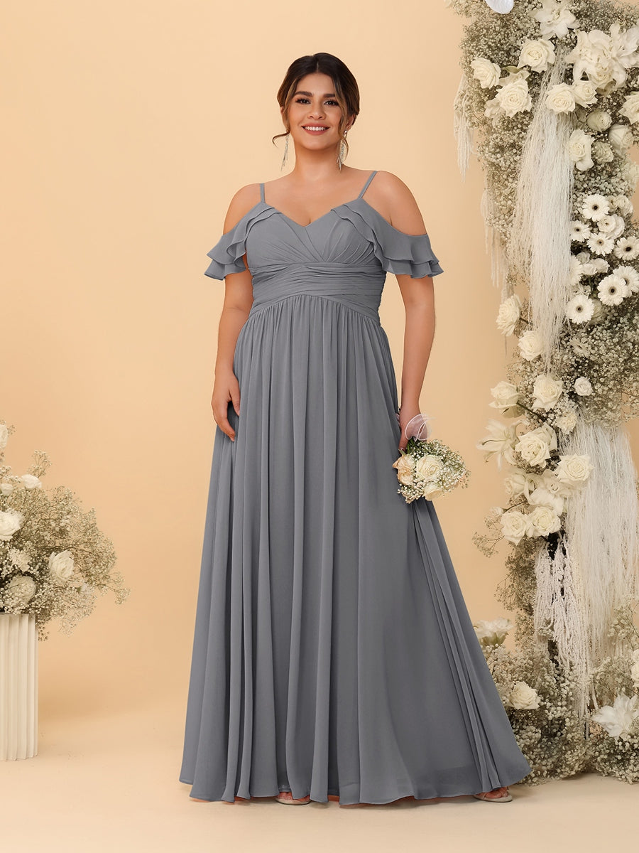 A-Line/Princess V-Neck Spaghetti Straps Chiffon Ruched Plus Size Bridesmaid Dresses