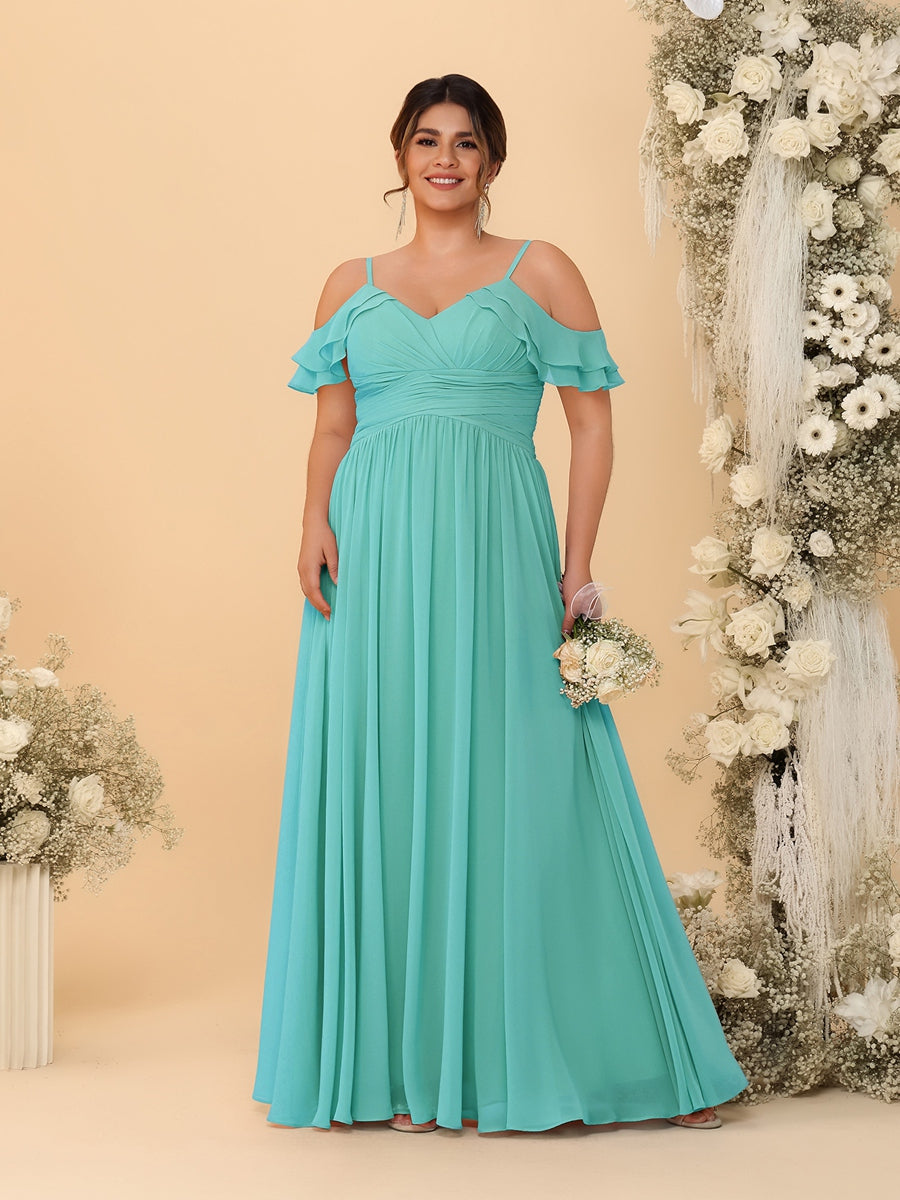 A-Line/Princess V-Neck Spaghetti Straps Chiffon Ruched Plus Size Bridesmaid Dresses