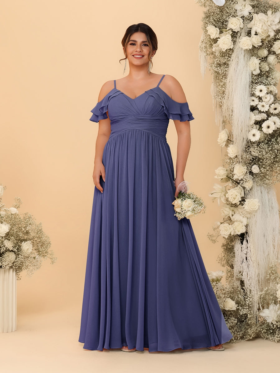 A-Line/Princess V-Neck Spaghetti Straps Chiffon Ruched Plus Size Bridesmaid Dresses