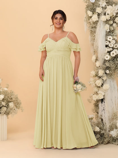 A-Line/Princess V-Neck Spaghetti Straps Chiffon Ruched Plus Size Bridesmaid Dresses
