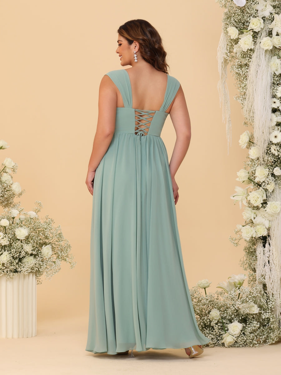 Chiffon A-Line/Princess Square Neck Sleeveless Plus Size Bridesmaid Dresses with Pleats