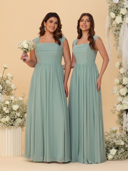 Chiffon A-Line/Princess Square Neck Sleeveless Plus Size Bridesmaid Dresses with Pleats