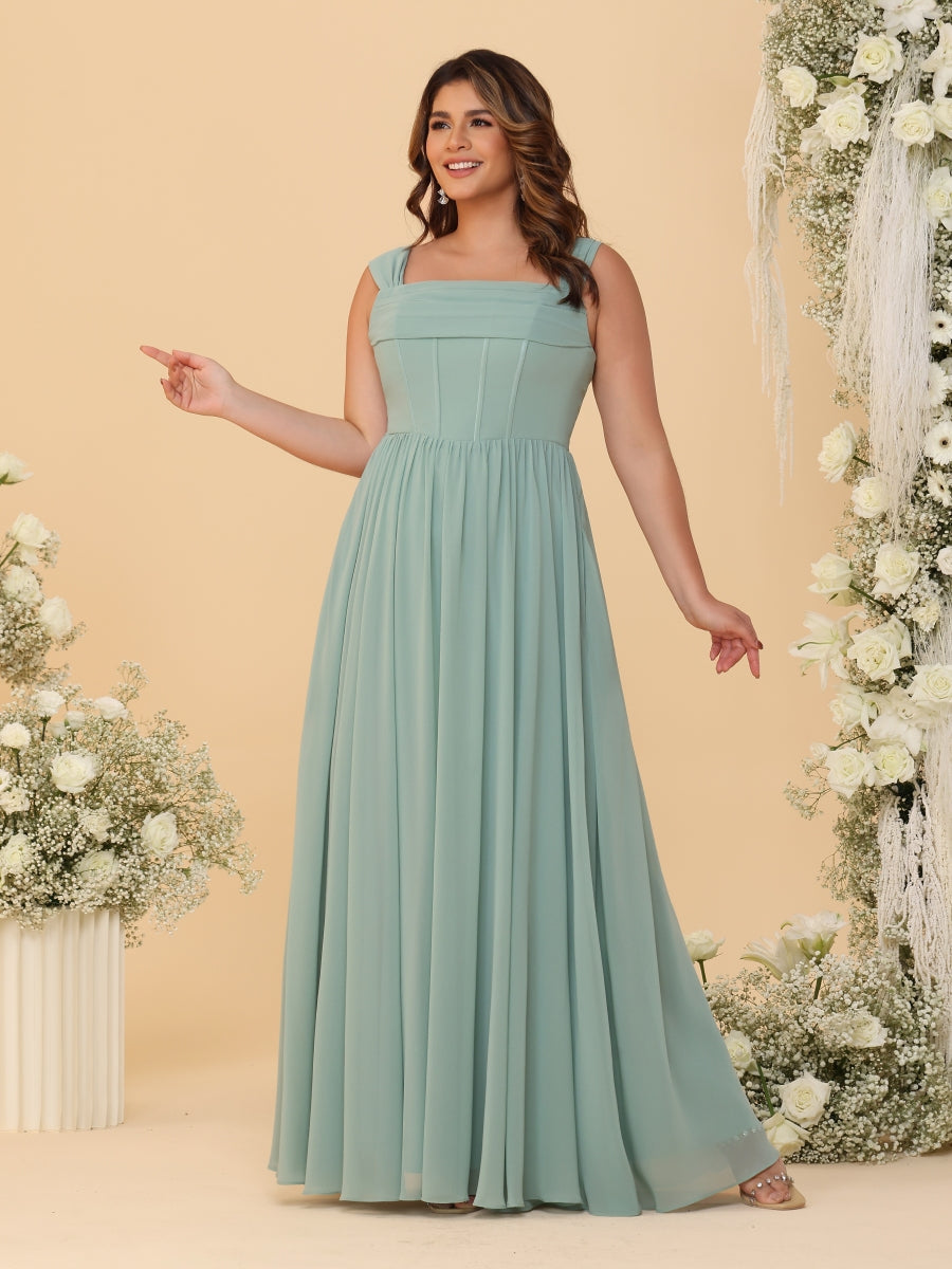Chiffon A-Line/Princess Square Neck Sleeveless Plus Size Bridesmaid Dresses with Pleats