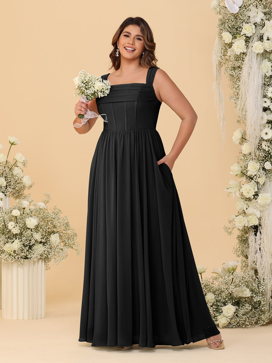 Chiffon A-Line/Princess Square Neck Sleeveless Plus Size Bridesmaid Dresses with Pleats