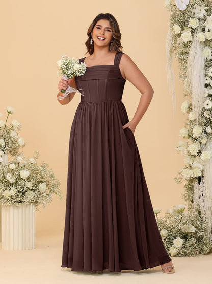Chiffon A-Line/Princess Square Neck Sleeveless Plus Size Bridesmaid Dresses with Pleats
