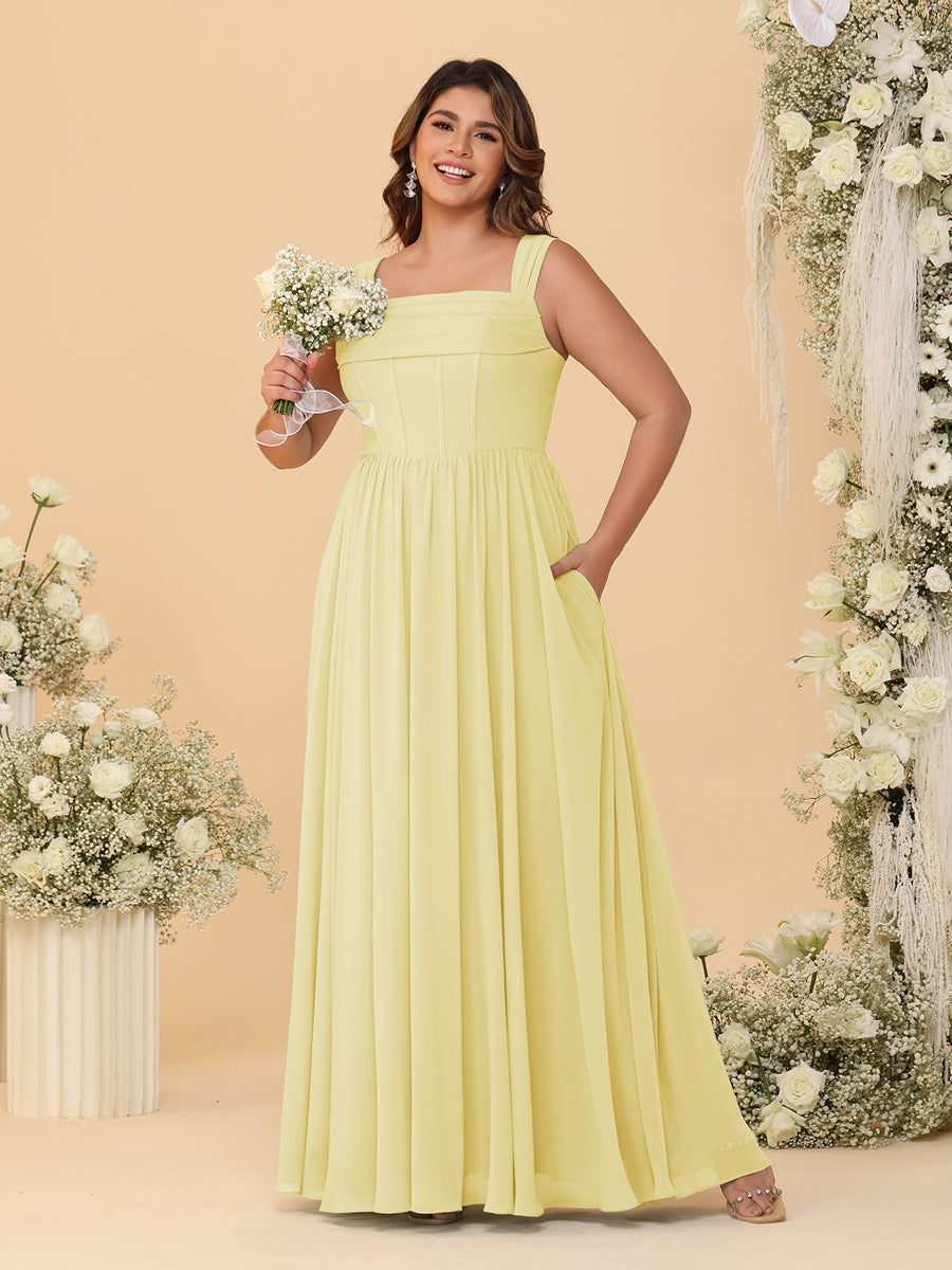 Chiffon A-Line/Princess Square Neck Sleeveless Plus Size Bridesmaid Dresses with Pleats