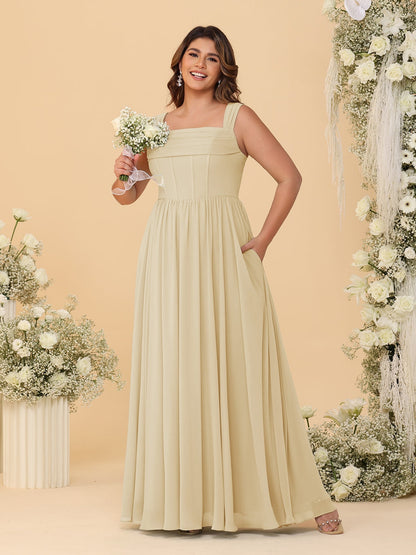 Chiffon A-Line/Princess Square Neck Sleeveless Plus Size Bridesmaid Dresses with Pleats