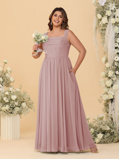 Chiffon A-Line/Princess Square Neck Sleeveless Plus Size Bridesmaid Dresses with Pleats