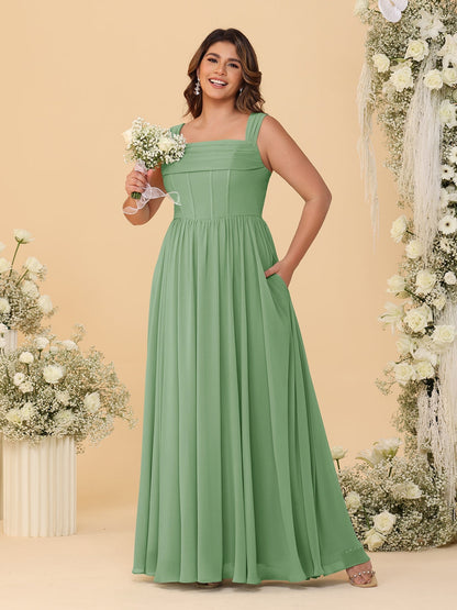 Chiffon A-Line/Princess Square Neck Sleeveless Plus Size Bridesmaid Dresses with Pleats
