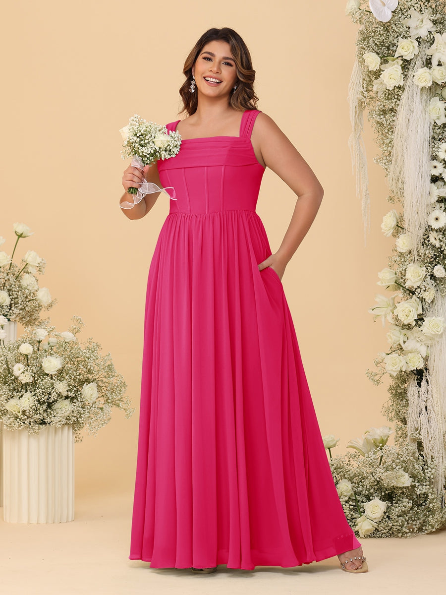 Chiffon A-Line/Princess Square Neck Sleeveless Plus Size Bridesmaid Dresses with Pleats