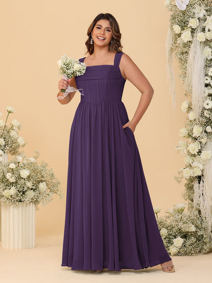 Chiffon A-Line/Princess Square Neck Sleeveless Plus Size Bridesmaid Dresses with Pleats