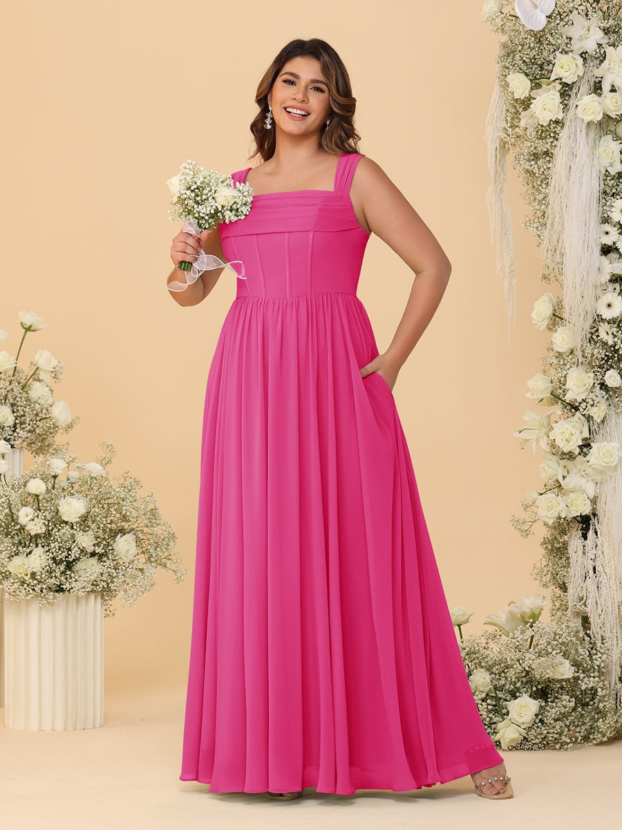 Chiffon A-Line/Princess Square Neck Sleeveless Plus Size Bridesmaid Dresses with Pleats