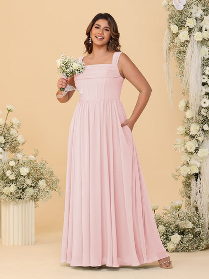 Chiffon A-Line/Princess Square Neck Sleeveless Plus Size Bridesmaid Dresses with Pleats