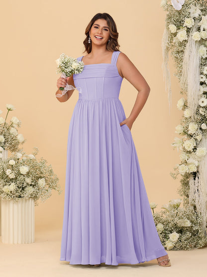 Chiffon A-Line/Princess Square Neck Sleeveless Plus Size Bridesmaid Dresses with Pleats