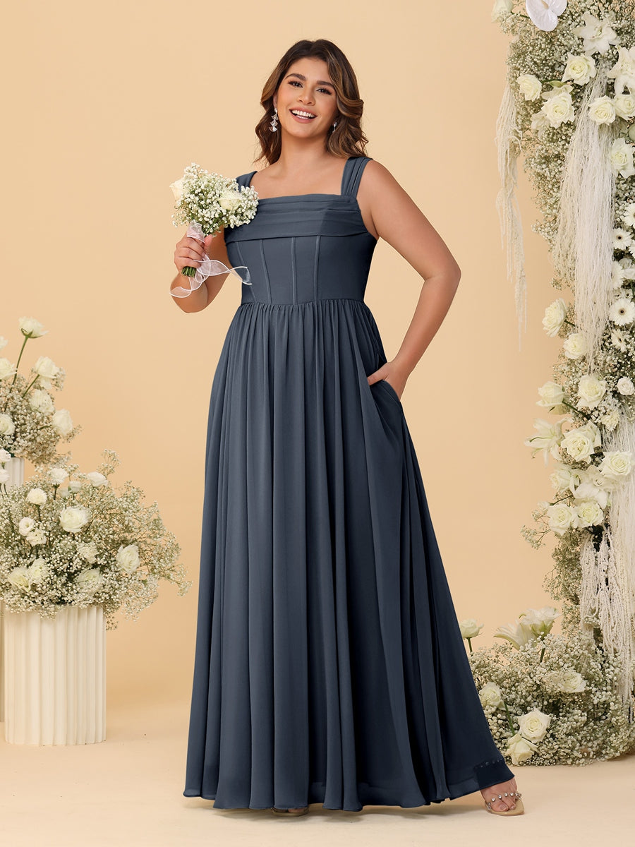 Chiffon A-Line/Princess Square Neck Sleeveless Plus Size Bridesmaid Dresses with Pleats