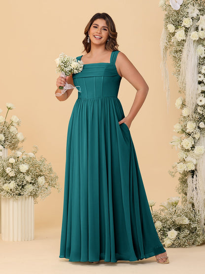 Chiffon A-Line/Princess Square Neck Sleeveless Plus Size Bridesmaid Dresses with Pleats