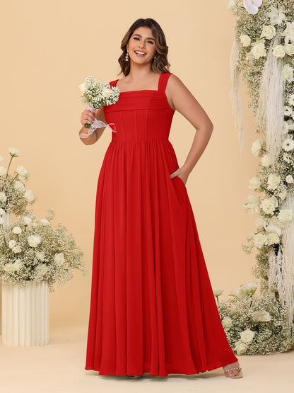 Chiffon A-Line/Princess Square Neck Sleeveless Plus Size Bridesmaid Dresses with Pleats