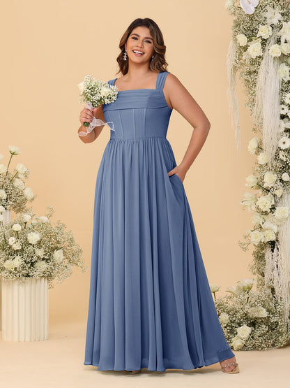 Chiffon A-Line/Princess Square Neck Sleeveless Plus Size Bridesmaid Dresses with Pleats