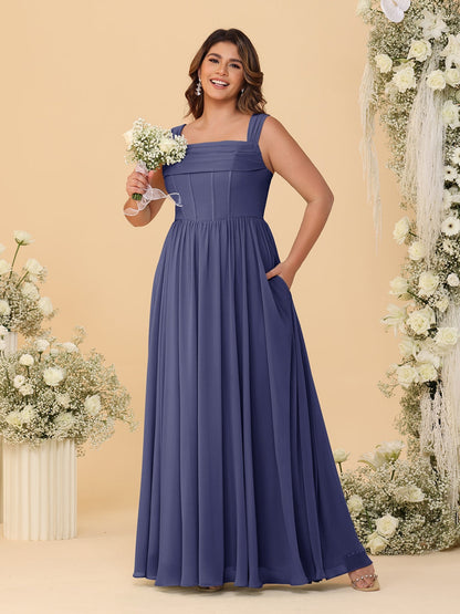 Chiffon A-Line/Princess Square Neck Sleeveless Plus Size Bridesmaid Dresses with Pleats
