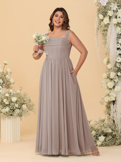Chiffon A-Line/Princess Square Neck Sleeveless Plus Size Bridesmaid Dresses with Pleats