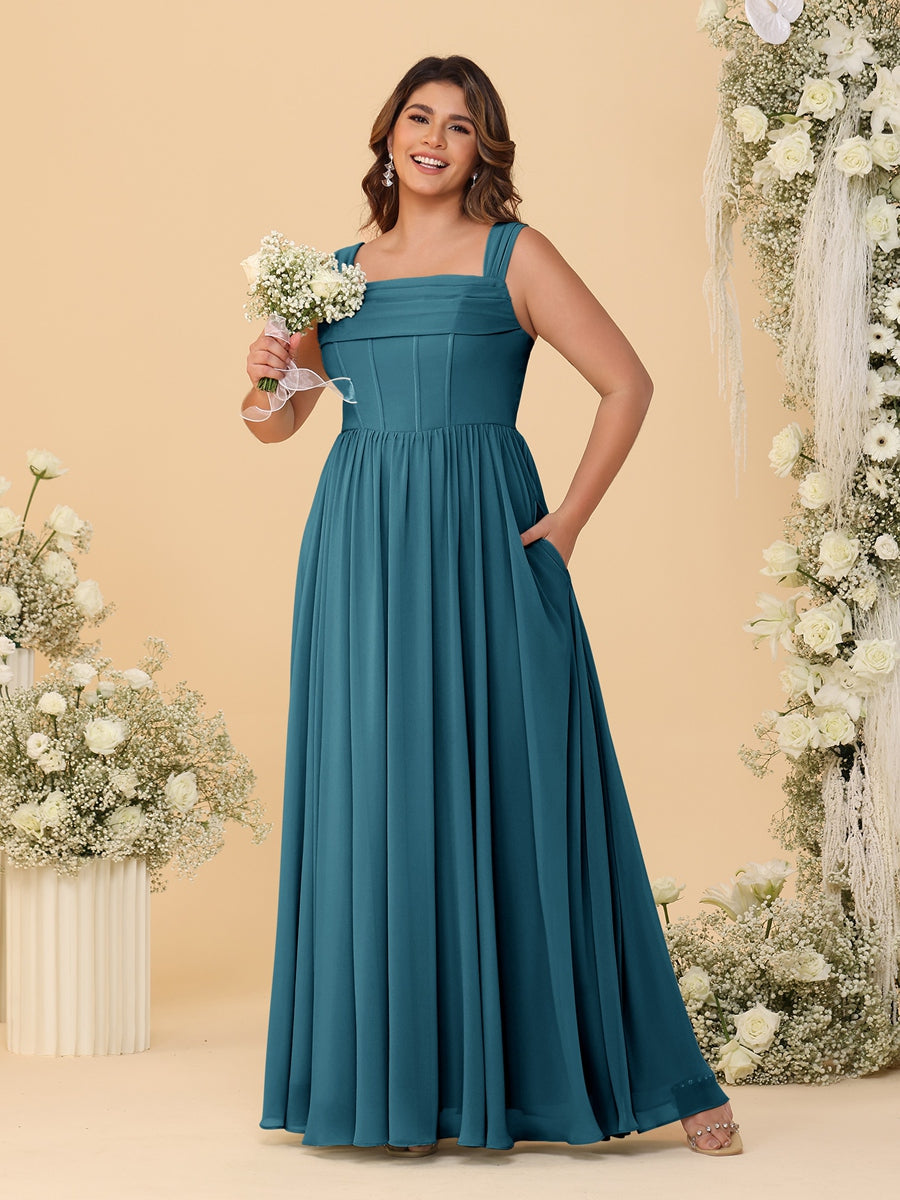 Chiffon A-Line/Princess Square Neck Sleeveless Plus Size Bridesmaid Dresses with Pleats