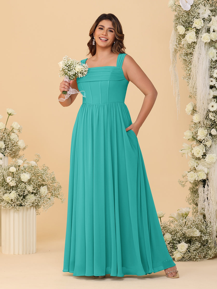 Chiffon A-Line/Princess Square Neck Sleeveless Plus Size Bridesmaid Dresses with Pleats